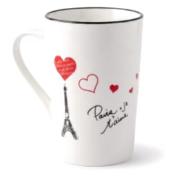 White ceramic mug with black rim, featuring a black Eiffel Tower, red hearts, and 'Paris je t'aime' text on a white backgrou… - view 2