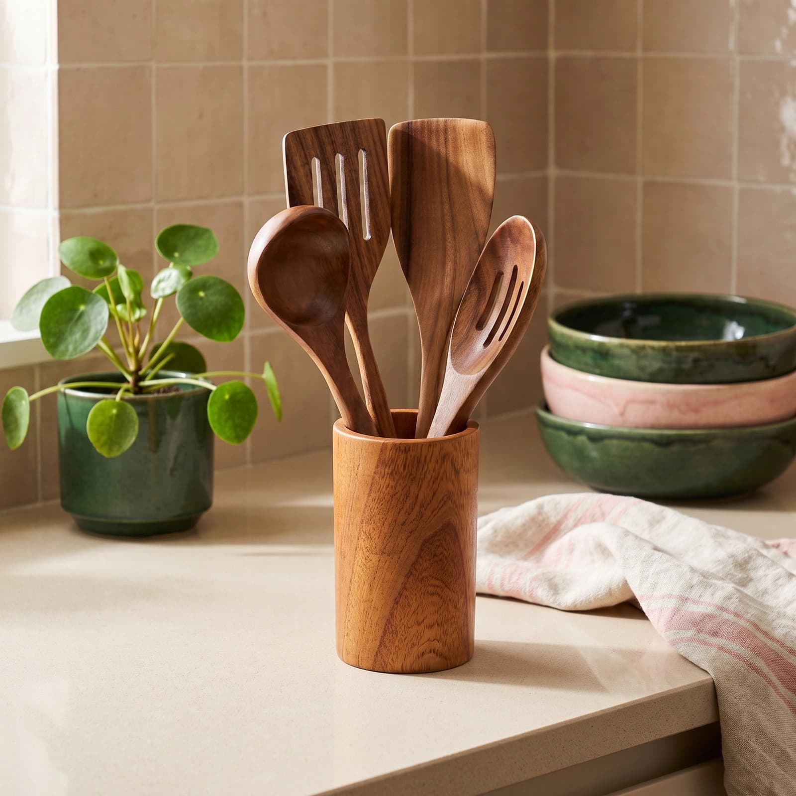 Wooden Kitchen Utensil Set with Holder - 5 Pieces Brown