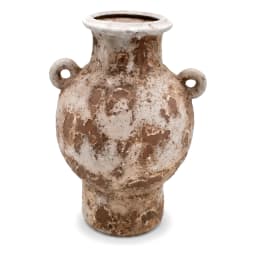 Distressed porcelain vase with two small handles, off-white and brown textured finish, on a white background - view 2