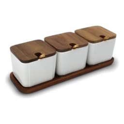 Set of 3 porcelain Storage Jars with Wood Lids & Tray - White - view 2
