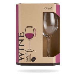 Two clear glass wine glasses, 340ml each, one in a brown and pink box, one standing alone on a white background. - view 2