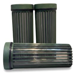 Set of three dark green cylindrical acrylic storage jars with clear bodies, filled with pasta, on a white kitchen counter. - view 2