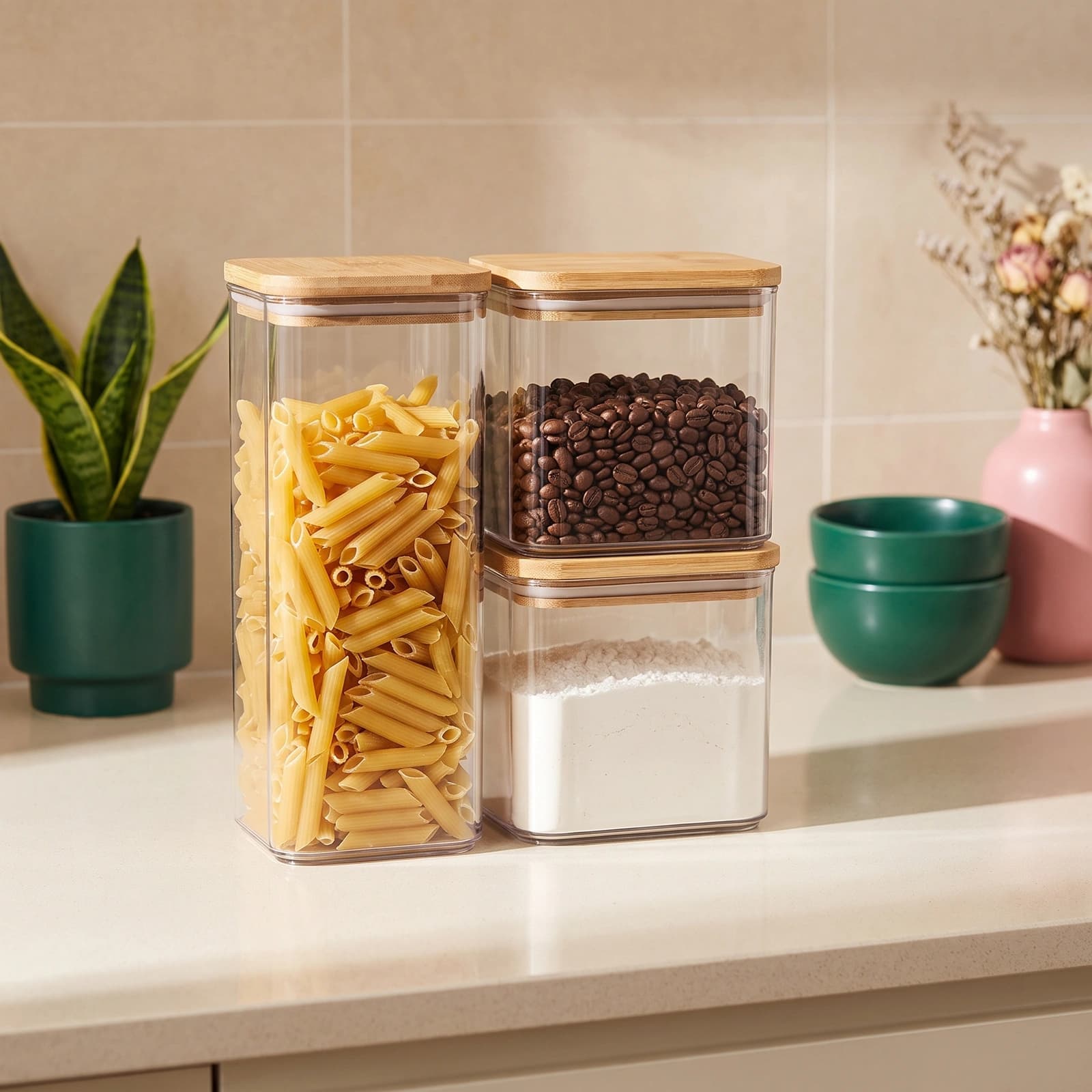 Three dark grey acrylic rectangular storage containers with light brown wooden lids on a white shelf.