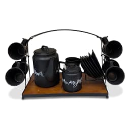 Complete 17-piece black ceramic coffee and tea set on a dark wooden tray with a black metal stand, white background. - view 7