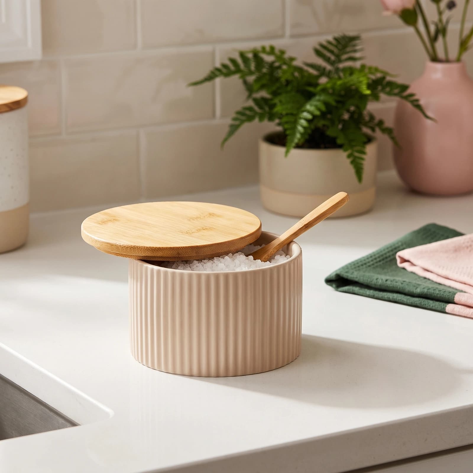 Porcelain Storage Jar with Bamboo Lid - Beige Ribbed