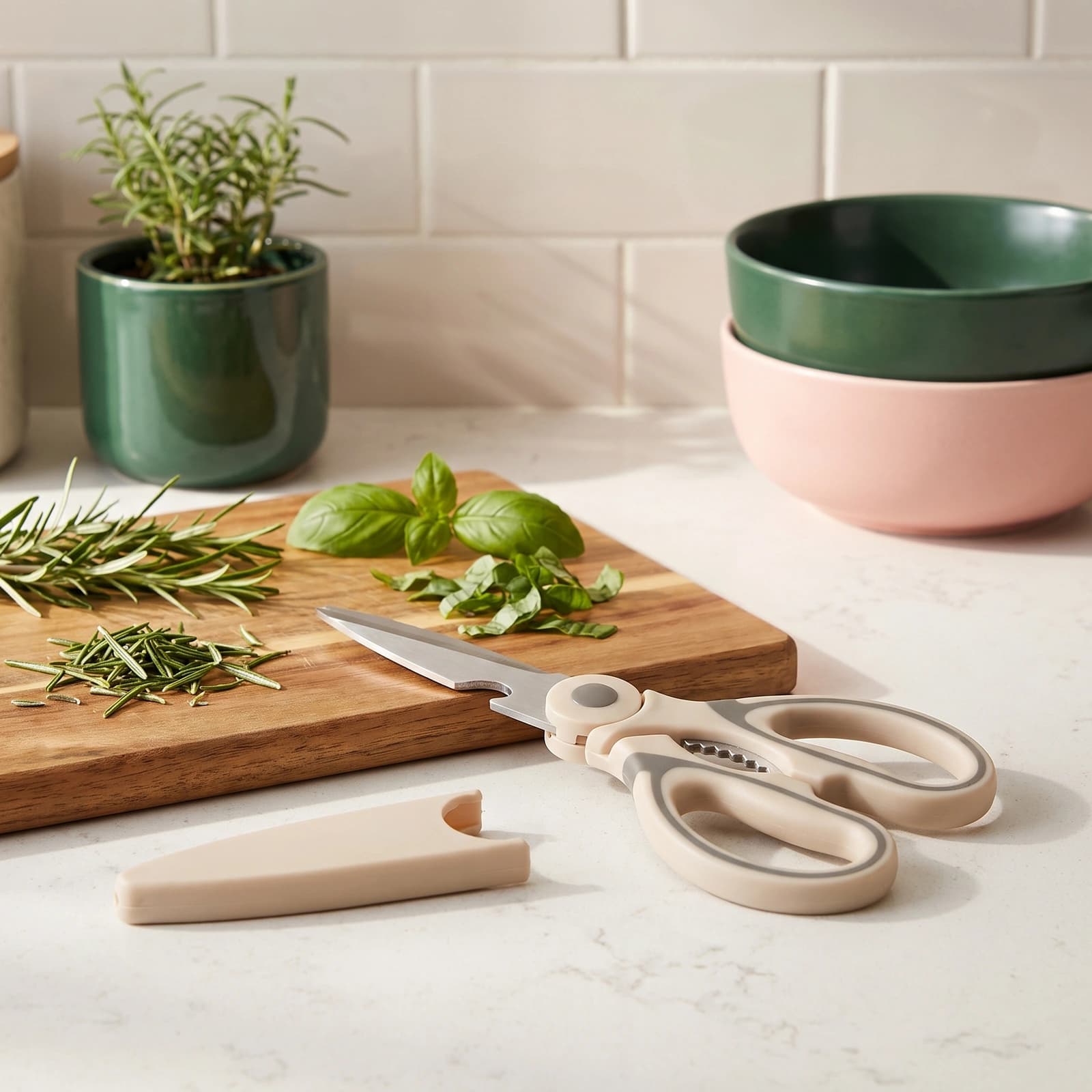 Beige and dark grey silicone kitchen scissors with metallic blades and a matching beige blade cover on a white shelf.