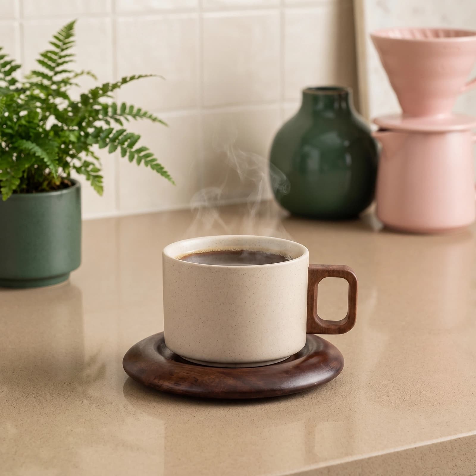 Beige speckled ceramic mug with dark wood handle on a round dark wood saucer, isolated on a white background.