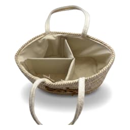 Cream and gold woven basket bag with two handles and 'baby' embroidered on the front, on a white background. - view 2
