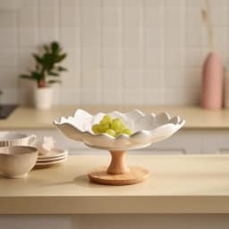 White Porcelain Serving Bowl with Wood Base - view 1
