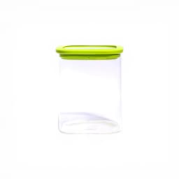 Single clear rectangular glass food storage container with a bright green airtight plastic lid on a white background. - view 2
