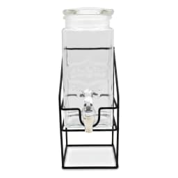 Clear rectangular glass beverage dispenser with an embossed design, silver spigot, and black metal stand on a white backgrou… - view 3