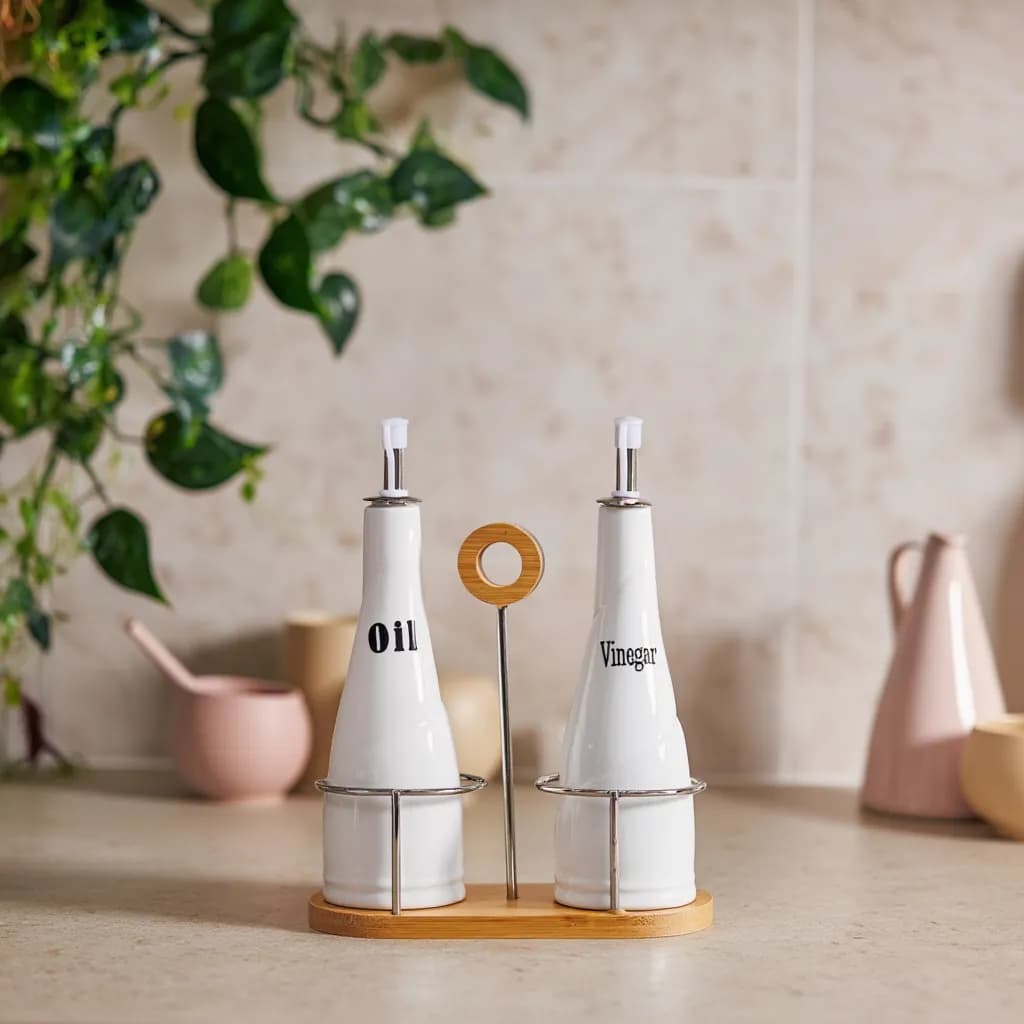 White Porcelain Oil & Vinegar Dispenser Set, 2 Pcs with Bamboo Stand