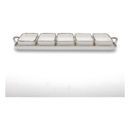 Cream porcelain serving set with five square bowls and a rectangular tray, all with silver trim, on a white background. - view 3