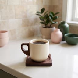 Cream ceramic mug with a dark brown wooden handle, sitting on a square dark brown wooden coaster with a circular indentation. - view 3
