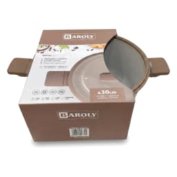 Taupe ceramic cooking pot with a clear glass lid and matching handles on a white background. - view 2