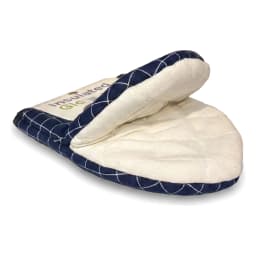 Single navy blue and off-white quilted cotton oven mitt with a white grid pattern, folded on a white background. - view 2