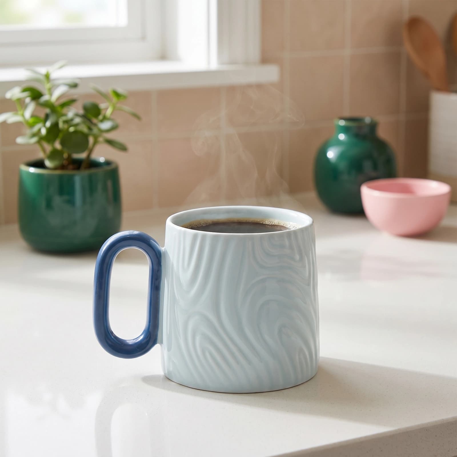Light blue ceramic mug with a subtle swirl pattern and a dark blue handle, on a white surface with a wooden background.