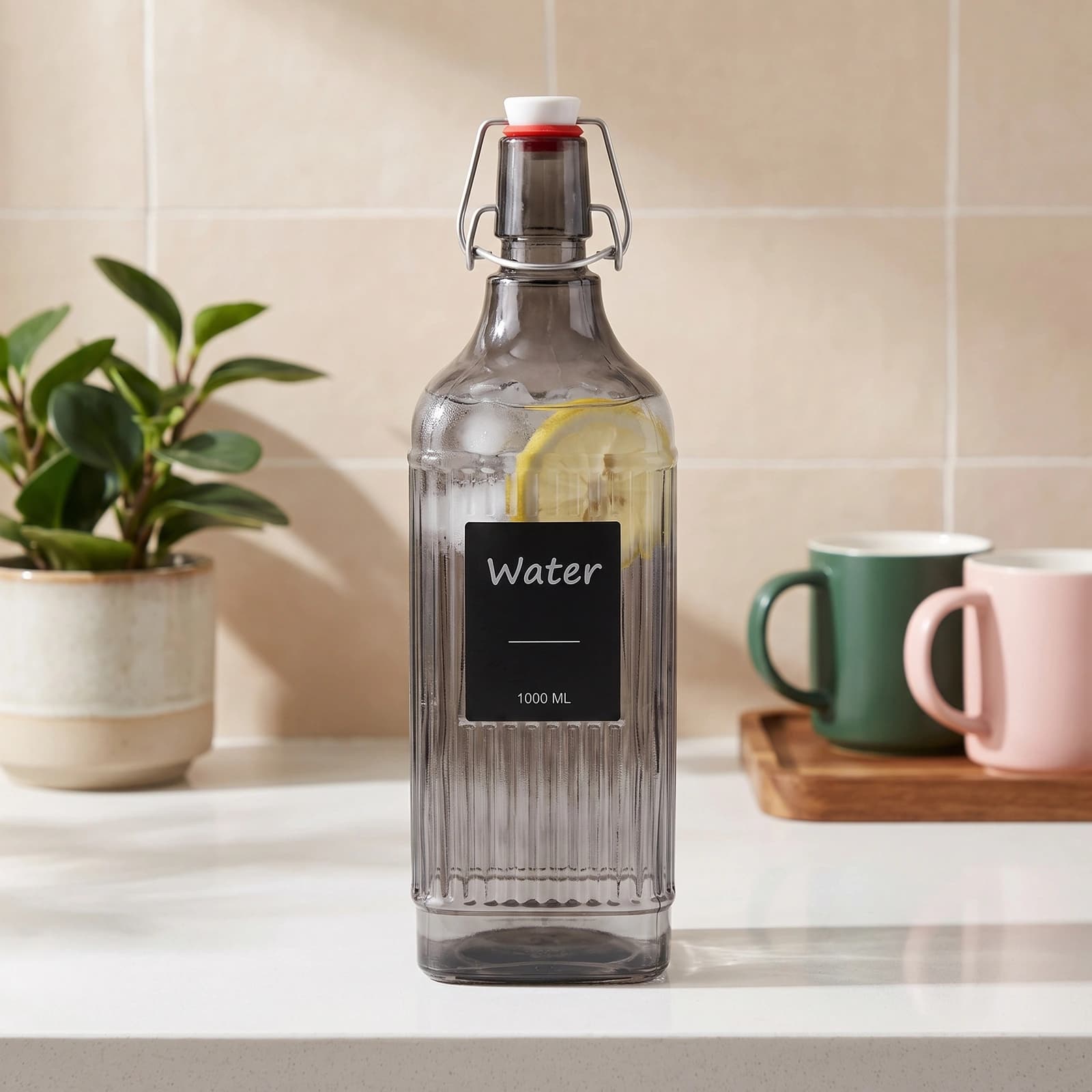 Dark grey ribbed glass bottle with a white and red swing-top stopper, labeled "Water 1000 ML", on a white shelf.