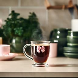 Clear glass mug with a small light pink bow decoration on the front, on a white background. - view 1