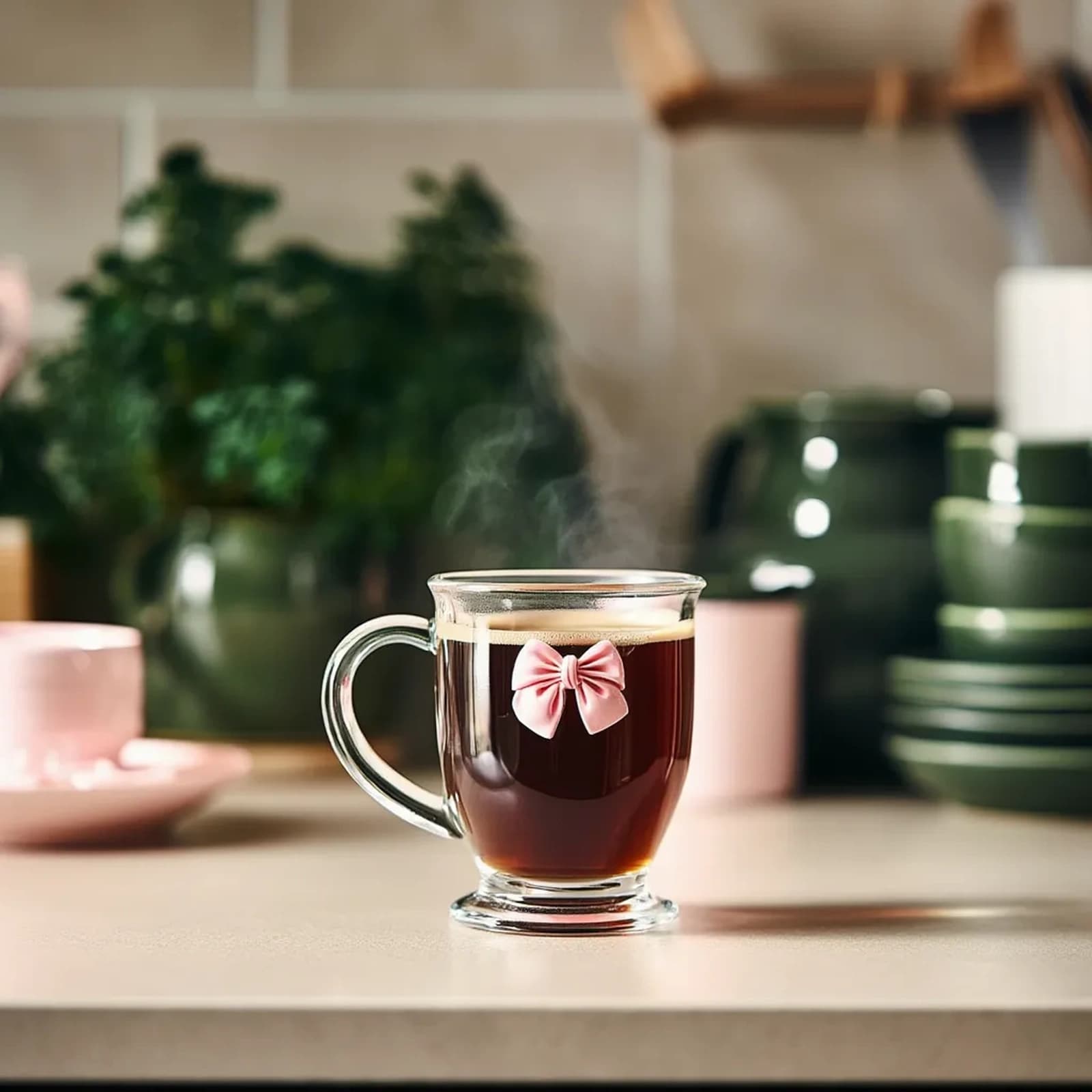 Clear glass mug with a small light pink bow decoration on the front, on a white background.