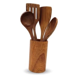 Wooden Kitchen Utensil Set with Holder - 5 Pieces Brown - view 3