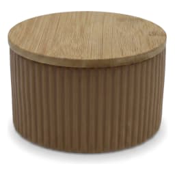 Porcelain Storage Jar with Wood Lid - Beige Ribbed - view 3