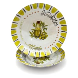 Two round white porcelain plates with a yellow-green border, olive oil bottle, olive branches, and 'bruschetta' design. - view 2