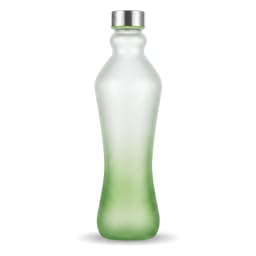 Tall frosted glass bottle with a green gradient bottom and a silver screw cap on a white background - view 2