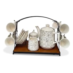 White porcelain tea set with grey and gold geometric pattern, including 6 cups, 6 saucers, teapot, sugar pot, milk jug, on a… - view 3