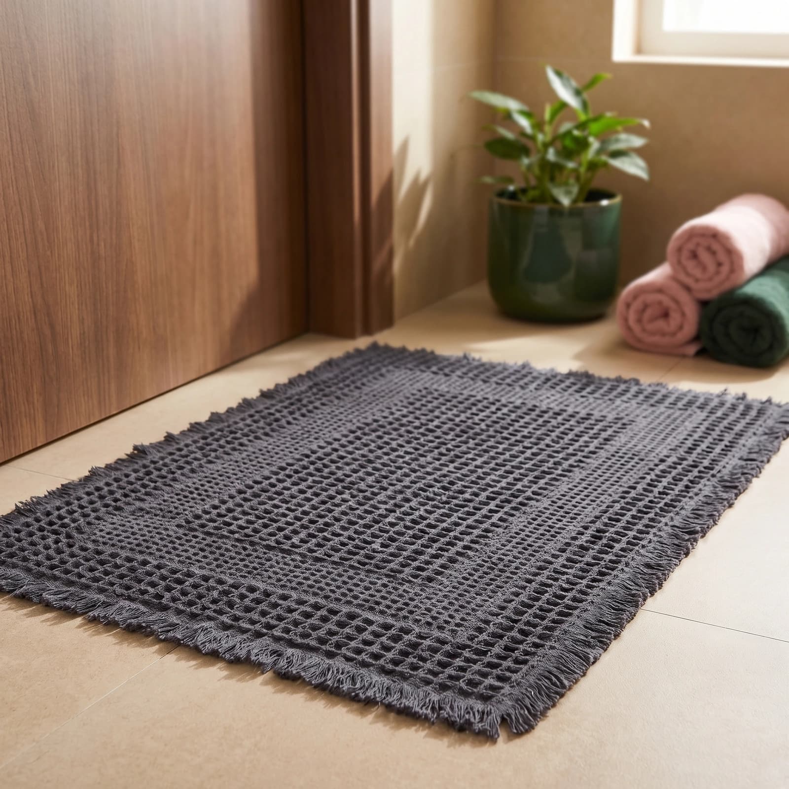 Rectangular grey waffle weave cotton bath mat with fringed edges, viewed from above on a white background.