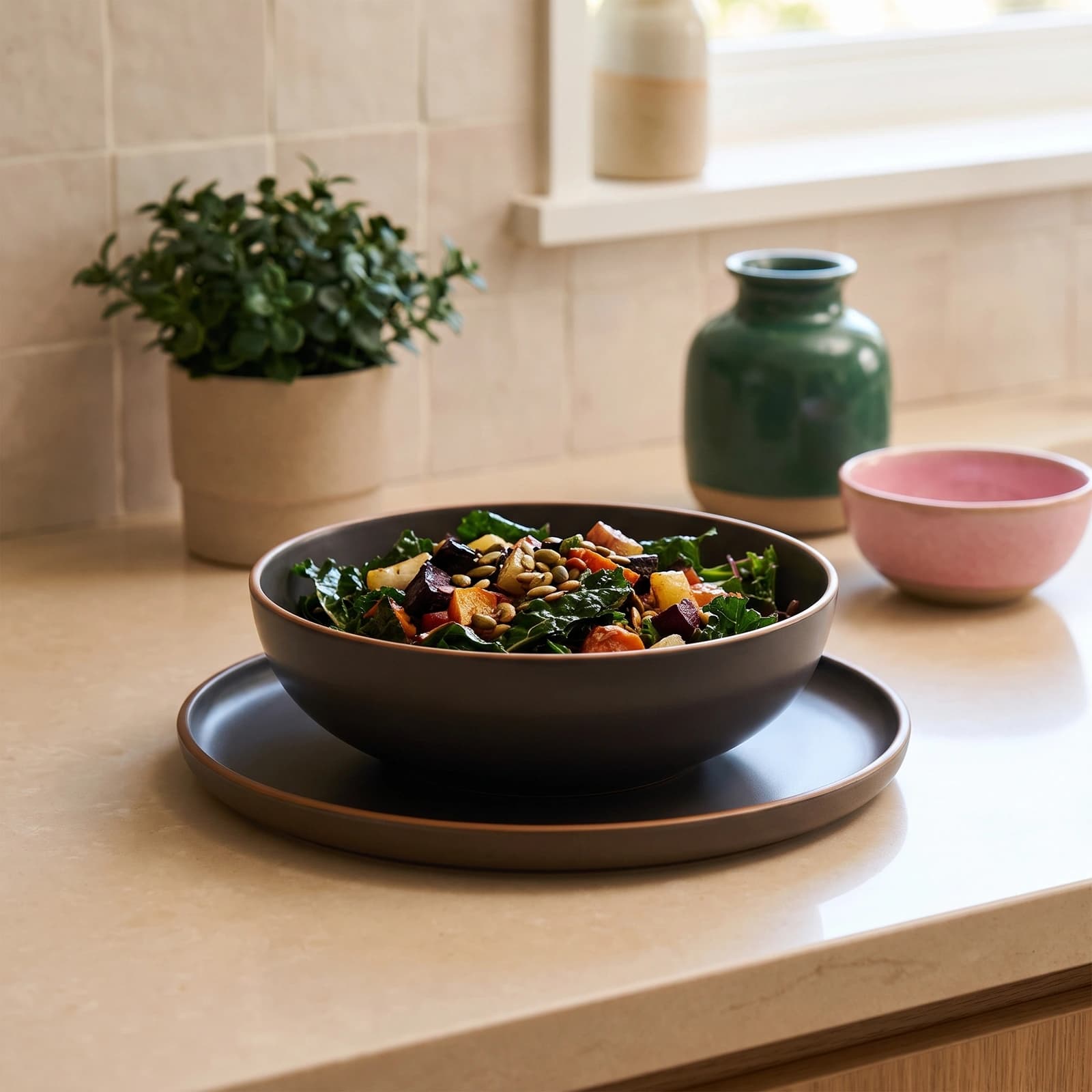Porcelain Bowl & Plate Set - Dark Grey with Orange Rim