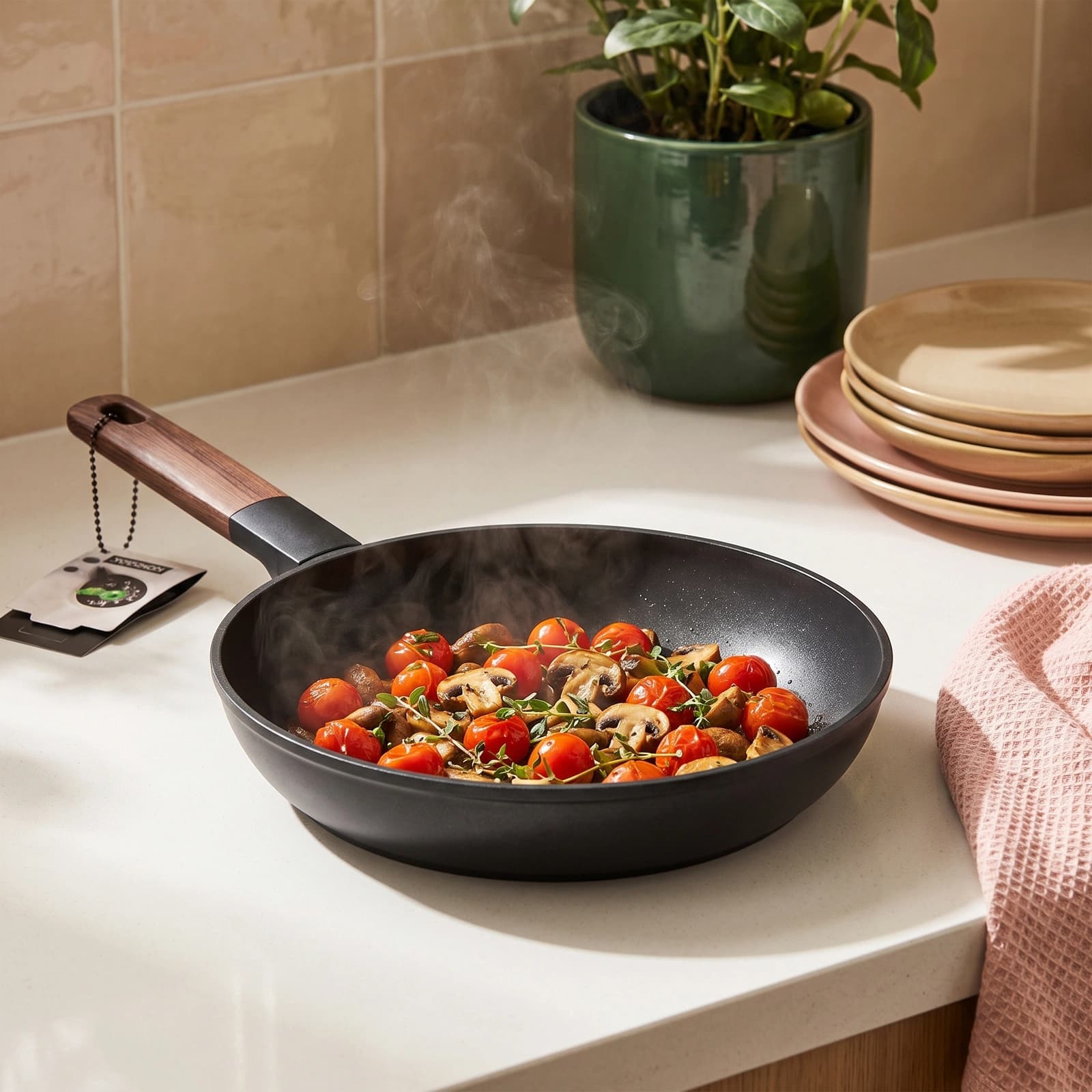 Black granite frying pan with a dark wooden handle, cooking cherry tomatoes and mushrooms with steam rising, on a white kitc…