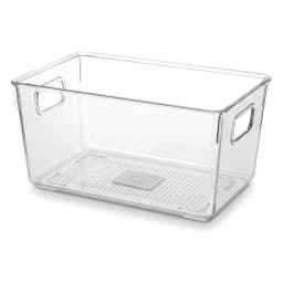 Clear rectangular acrylic storage box with integrated handles on short sides, shown on a white background. - view 2