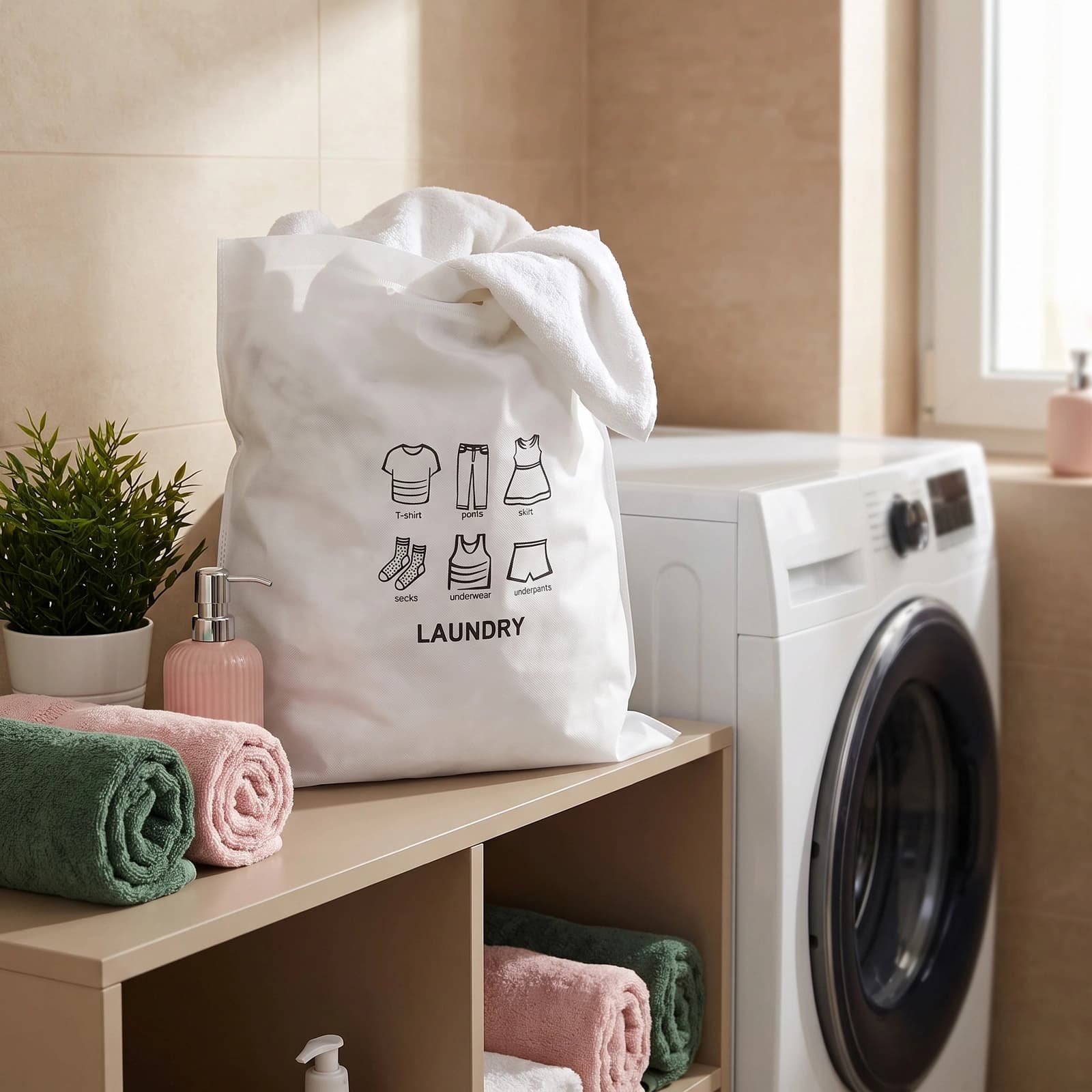 White non-woven fabric laundry bag with black line art icons of a t-shirt, pants, skirt, socks, underwear, and 'LAUNDRY' tex…