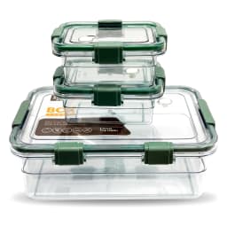 Three rectangular clear plastic food storage containers with dark green lids and locking clips on a white background. - view 3