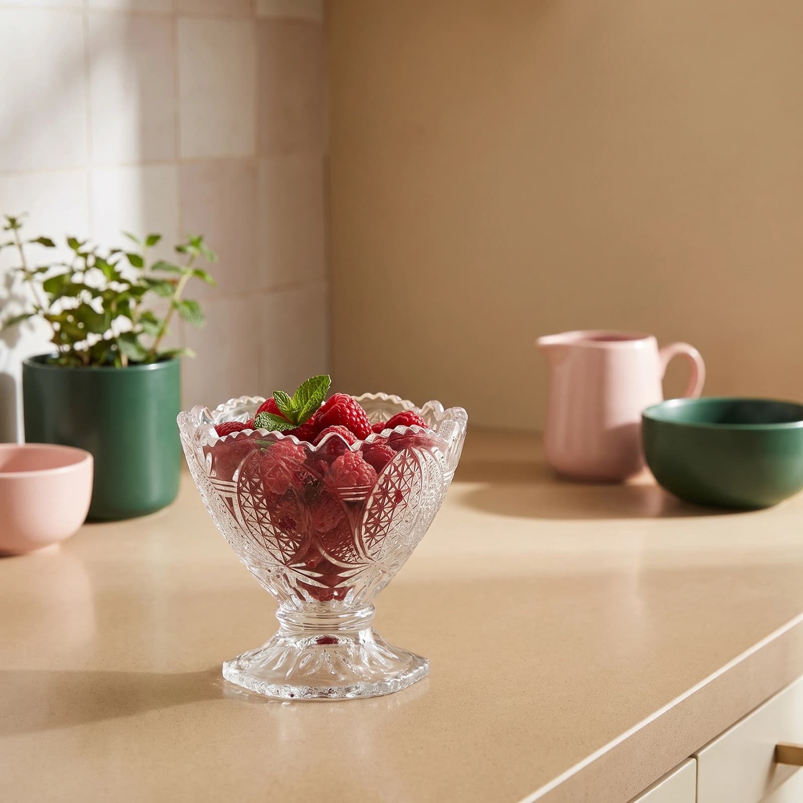 Clear glass dessert bowl with intricate patterned design, scalloped rim, and a short pedestal base on a white background