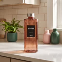 Rose gold ribbed glass water bottle with a silver cap and black 'Water 1000 ML' label on a white shelf. - view 1