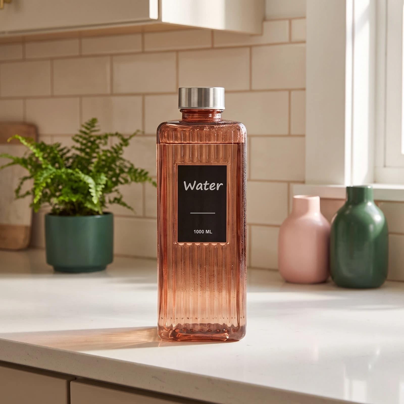 Rose gold ribbed glass water bottle with a silver cap and black 'Water 1000 ML' label on a white shelf.