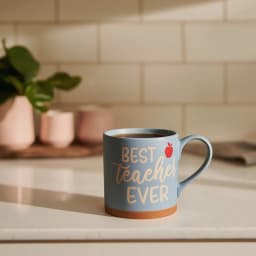 Light blue ceramic mug with 'BEST TEACHER EVER' in cream text and a small red apple icon, brown base, on white background. - view 1
