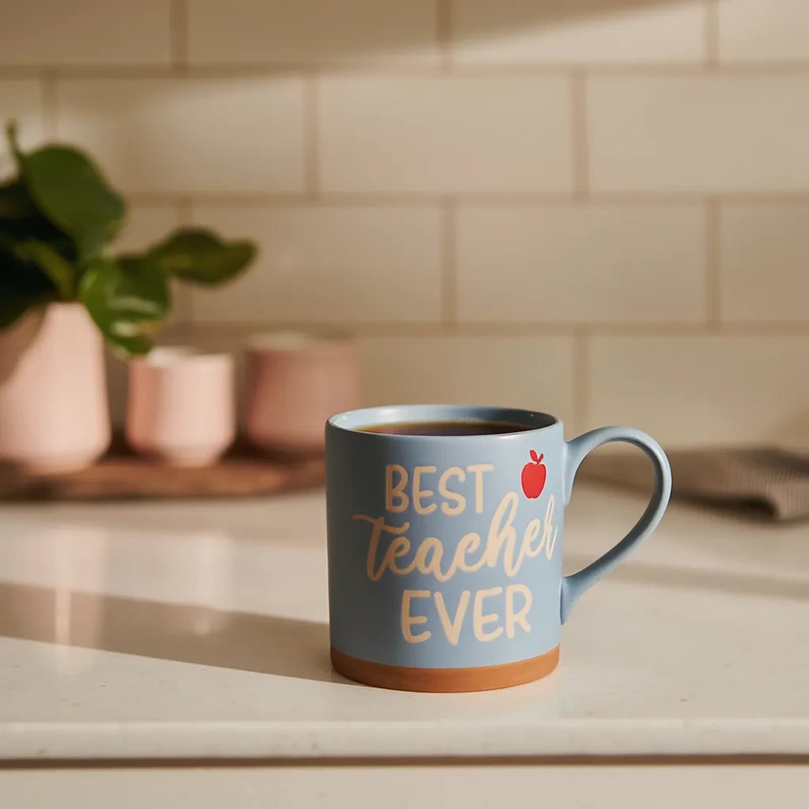Light blue ceramic mug with 'BEST TEACHER EVER' in cream text and a small red apple icon, brown base, on white background.