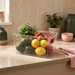 Clear rectangular acrylic storage box with integrated handles on short sides, shown on a white background. - view 1