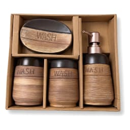 Four-piece ceramic bathroom set in brown and black with textured finish, including soap dispenser, toothbrush holder, tumble… - view 4