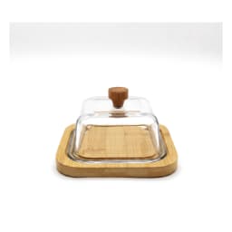 Square butter dish with a light brown wood base and a clear glass lid with a small wooden knob on a white background. - view 3