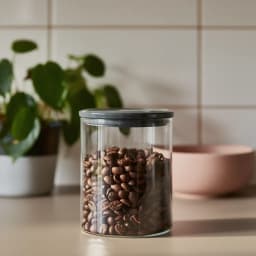 Clear cylindrical glass storage jar with a dark grey plastic lid and a visible seal, on a white background. - view 1