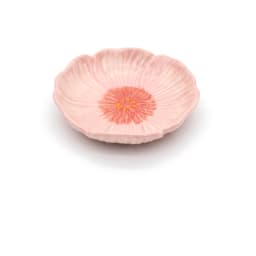 Pink glass flower-shaped dish with a darker pink and yellow center, shown on a white background. - view 2