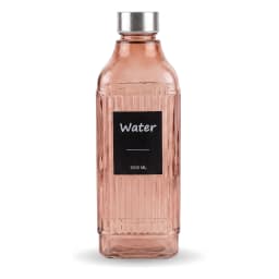 Rose gold ribbed glass water bottle with a silver cap and 'Water 1000 ML' label, on a white shelf. - view 2