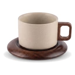 Beige speckled ceramic mug with dark wood handle on a round dark wood saucer, isolated on a white background. - view 2
