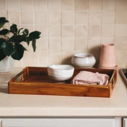 Set of 3 Wooden Serving Trays with Gold Handles - Brown - view 4