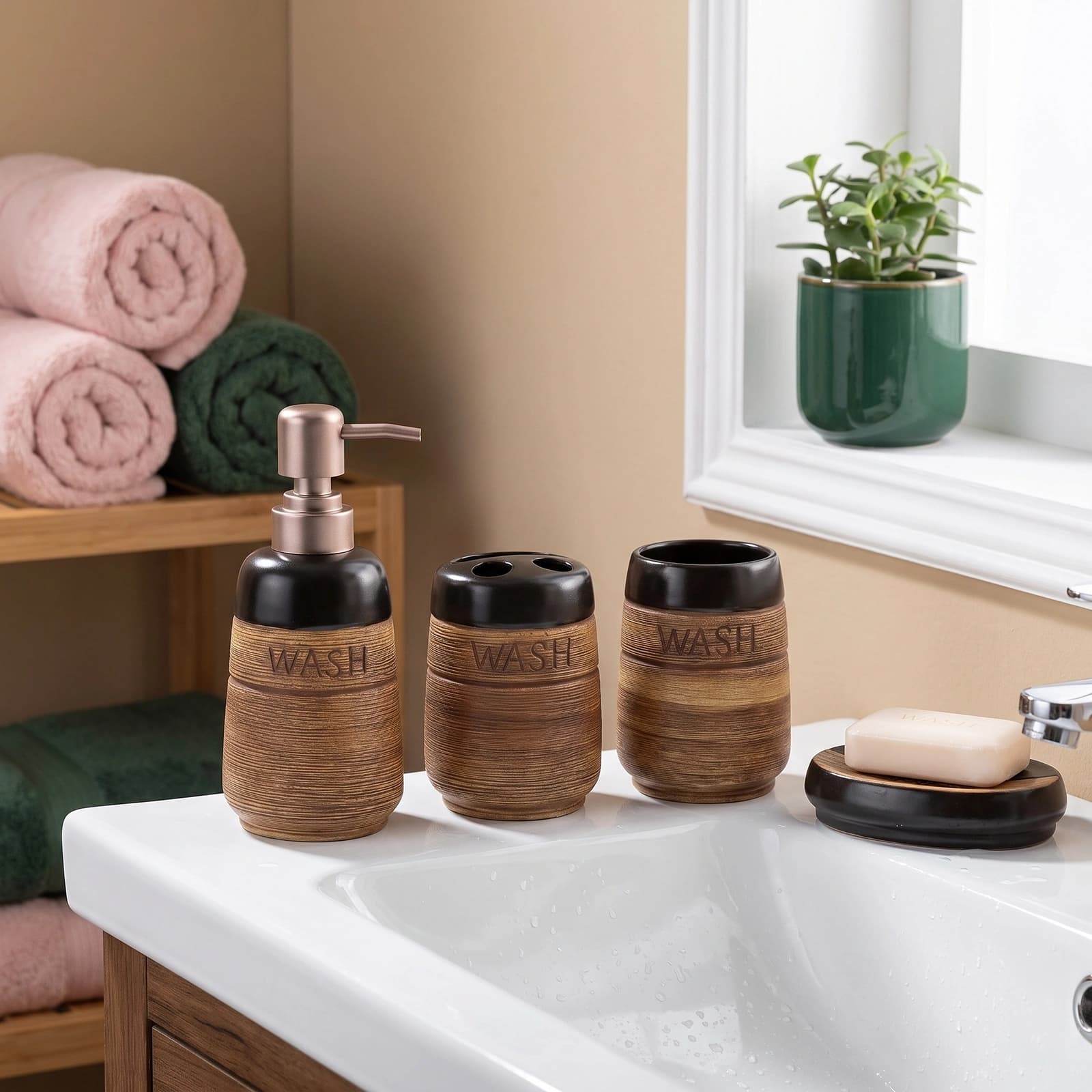 Four-piece ceramic bathroom set in brown and black with textured finish, including soap dispenser, toothbrush holder, tumble…