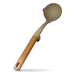 Beige silicone ladle with a light brown wooden handle, featuring a pouring spout, on a white background. - view 2